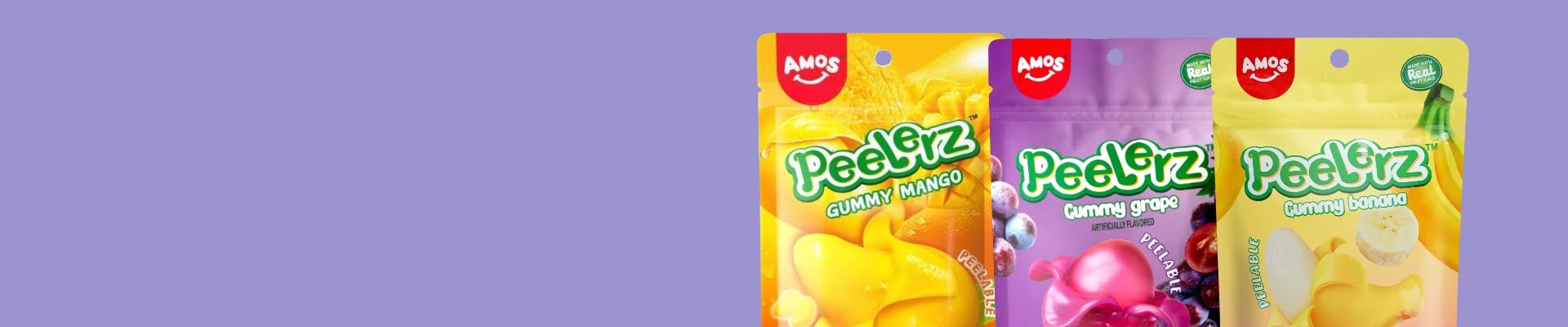 Three packets of Amos Peeerz sweets on a light purple background