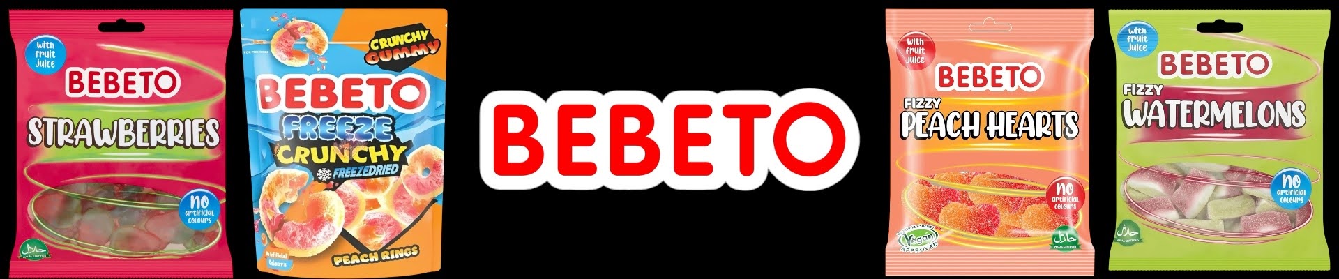 Bebeto sweet packets including strawberry, crunchy, peach hearts, and watermelons on a black background.