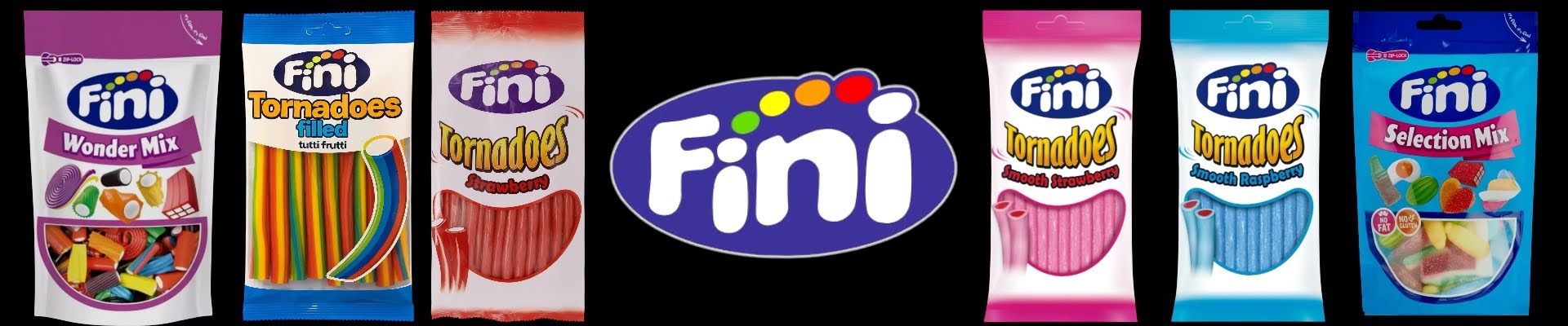 Fini sweet packages and logo displayed on a black background