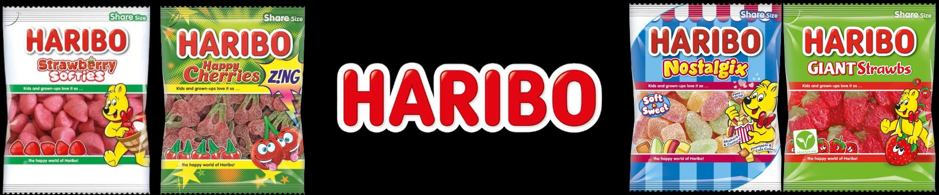 Haribo sweet packages including Strawberry, Happy Cherries, Nostalgix, and Giant Strawbs on a black background.
