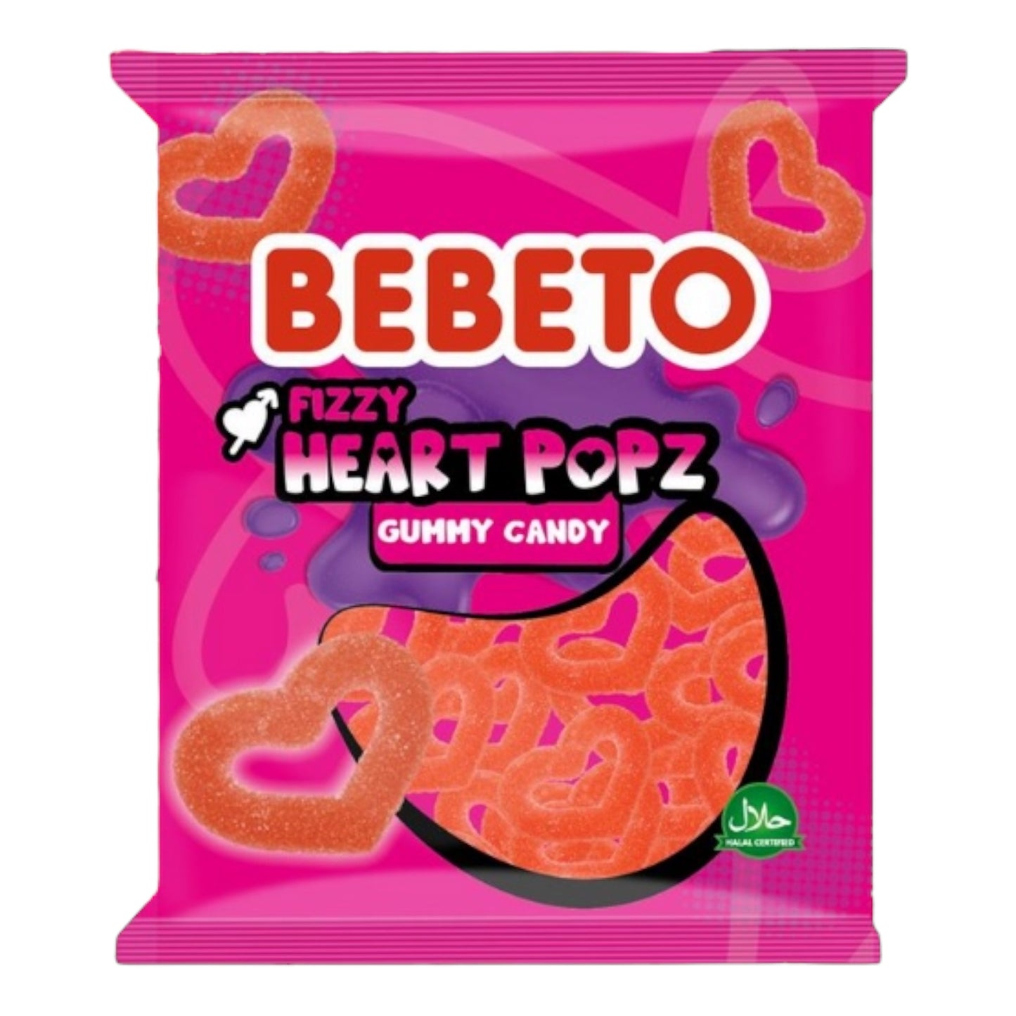 Bebeto Fizzy Heart Popz gummy candy package on a pink background