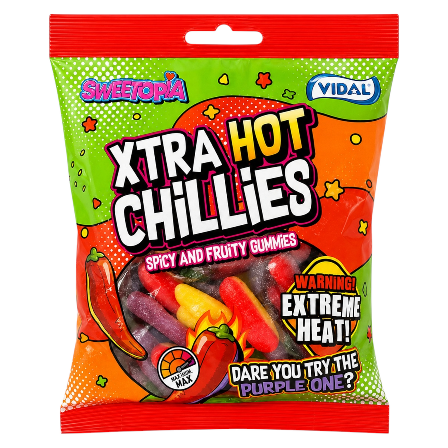 Vidal Sweetopia Xtra Hot Chillies 140g bag - chilli-shaped spicy and fruity gummies