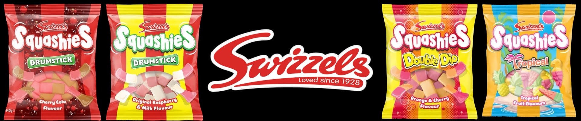 Swizzles Squashies sweet packets with the Swizzles logo on a black background