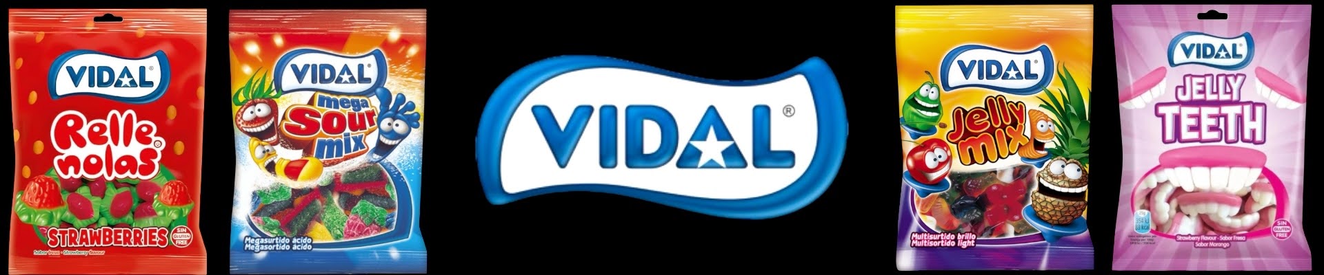Vidal sweet packets and logo on a black background