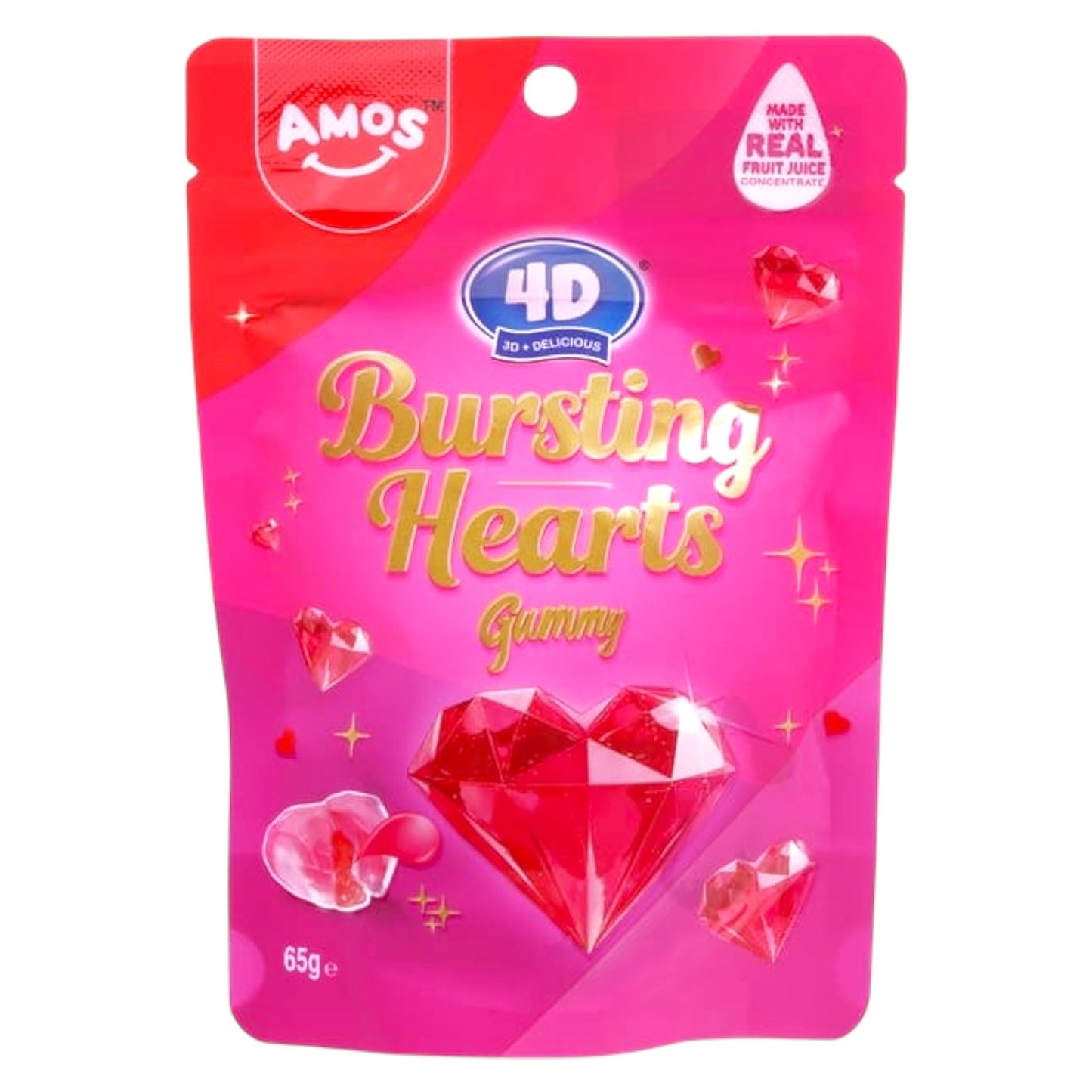 Pink package of 'Bursting Hearts' gummy candy with AMOS and 4D branding.
