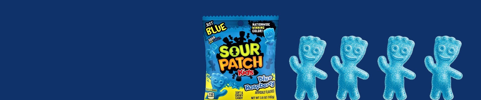 Blue Sour Patch Kids candy with packaging on a blue background