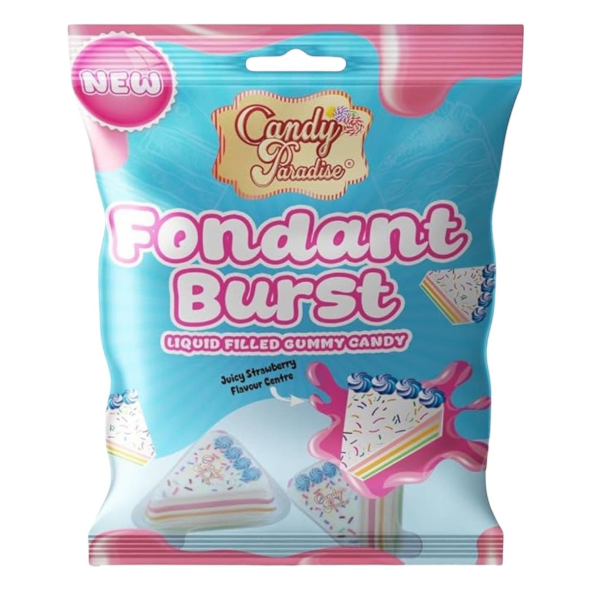 Packaging of Candy Paradise Fondant Burst strawberry liquid-filled cake slice gummies on a white background