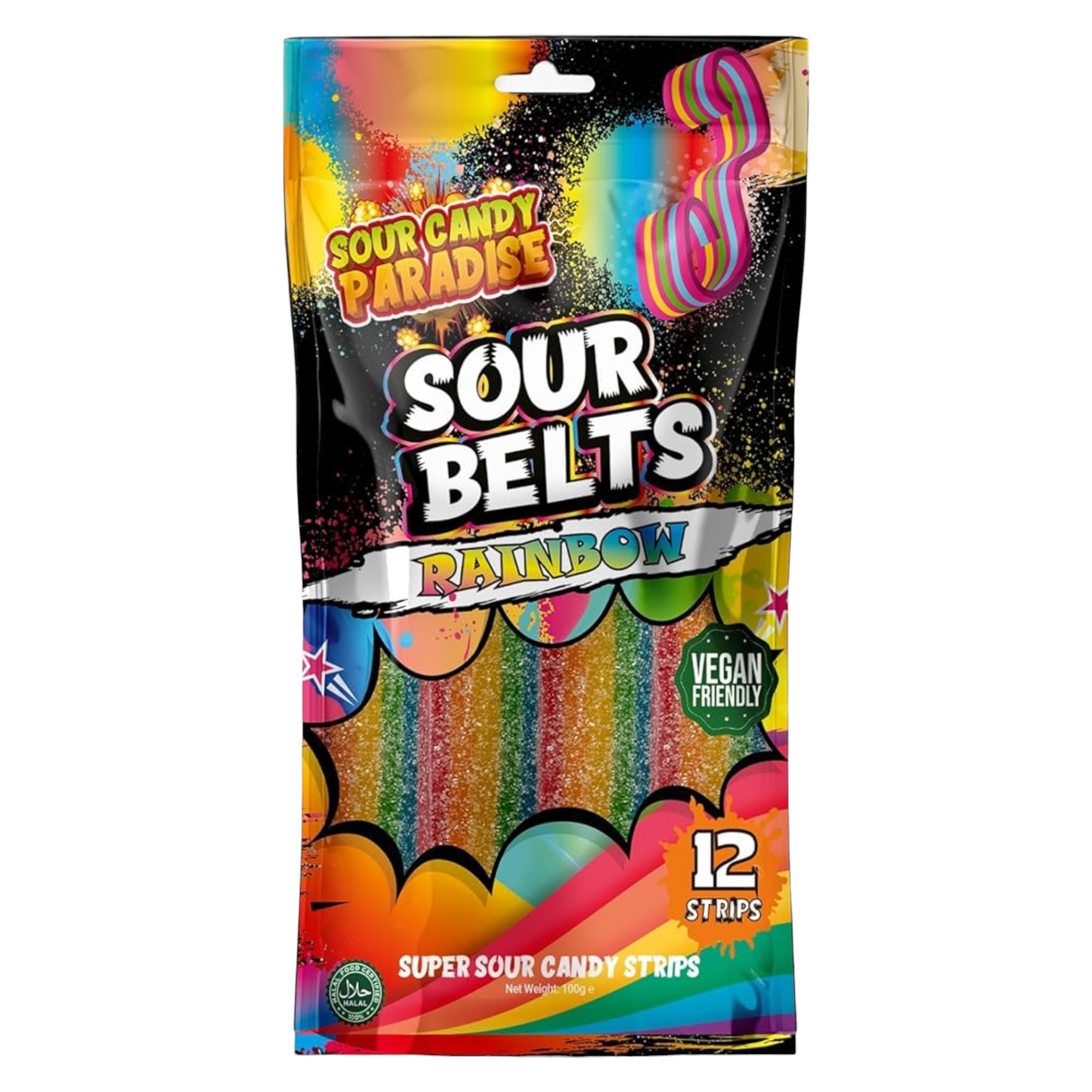 Packaging of Sour Candy Paradise Sour Belts Rainbow candy on a white background