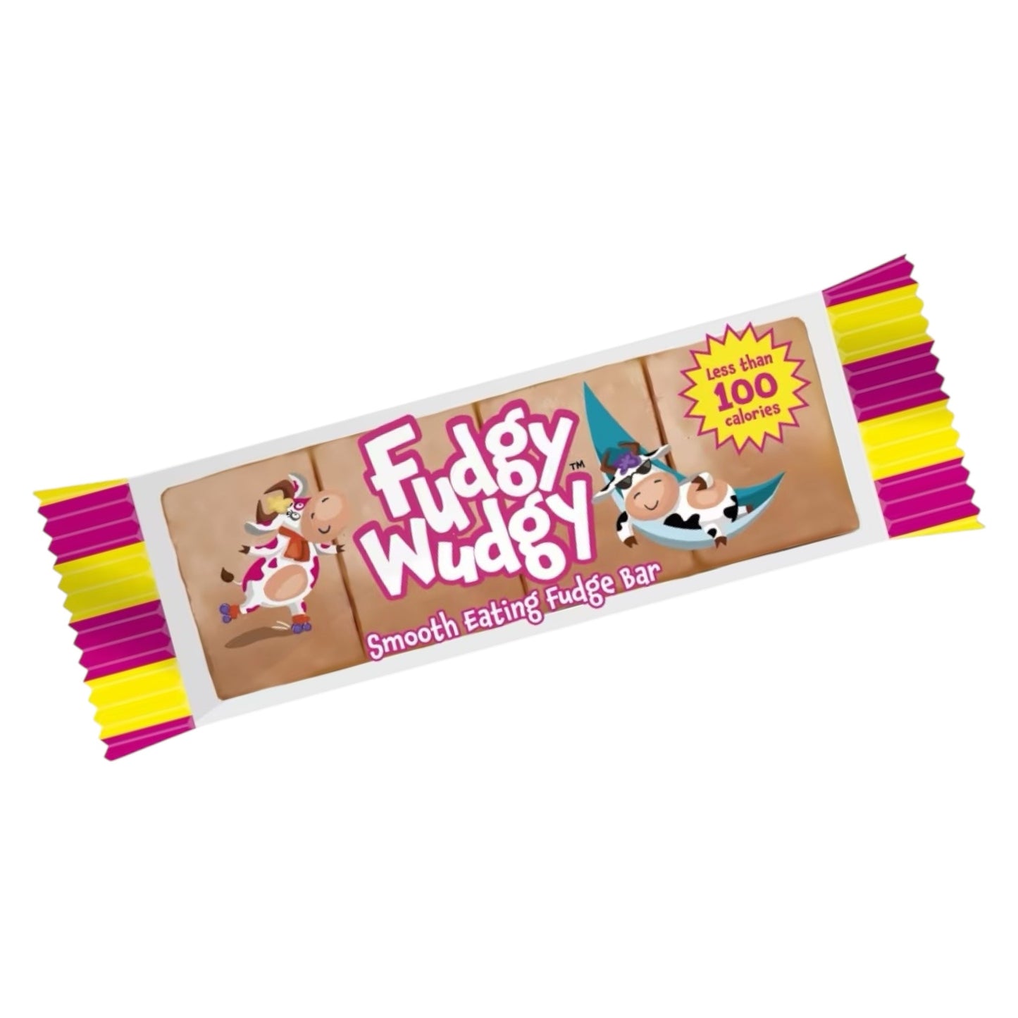 Fudgy Wudgy fudge bar packaging with colorful design on a white background