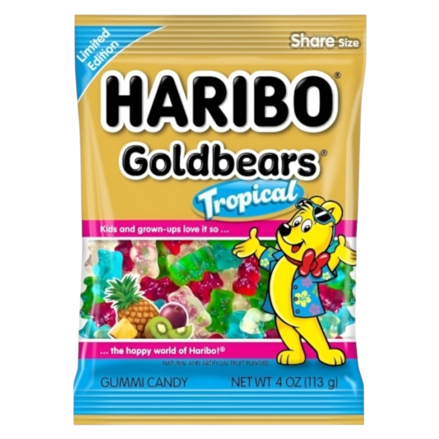 Haribo Goldbears Tropical gummy candy package with cartoon character on a white background