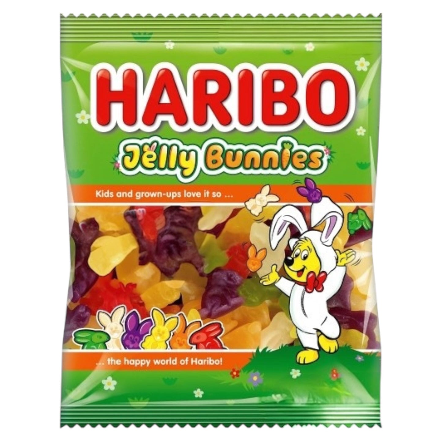 Haribo Jelly Bunnies candy package with cartoon character on a white background