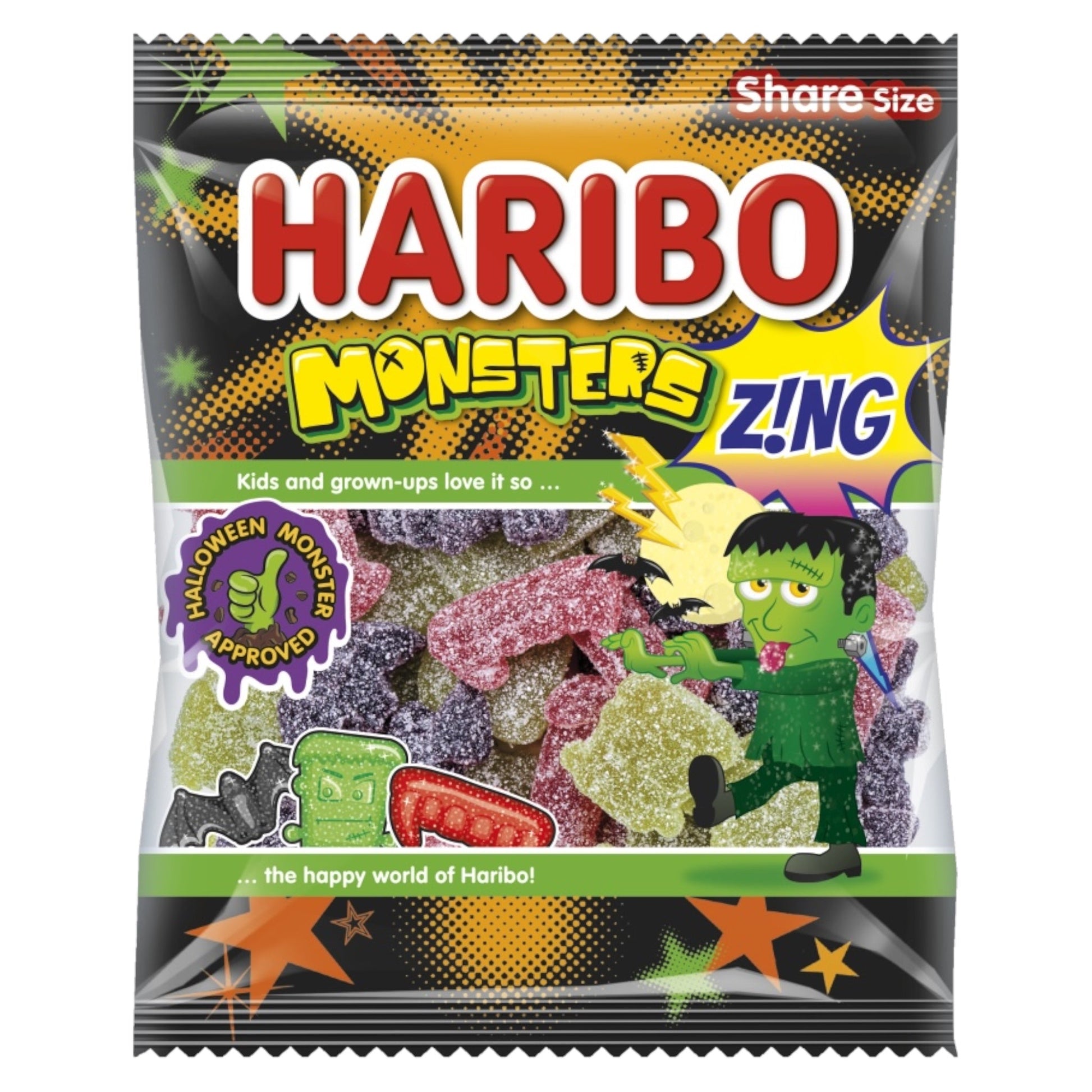 Haribo Monsters Z'ing candy package with colorful design and character illustration.