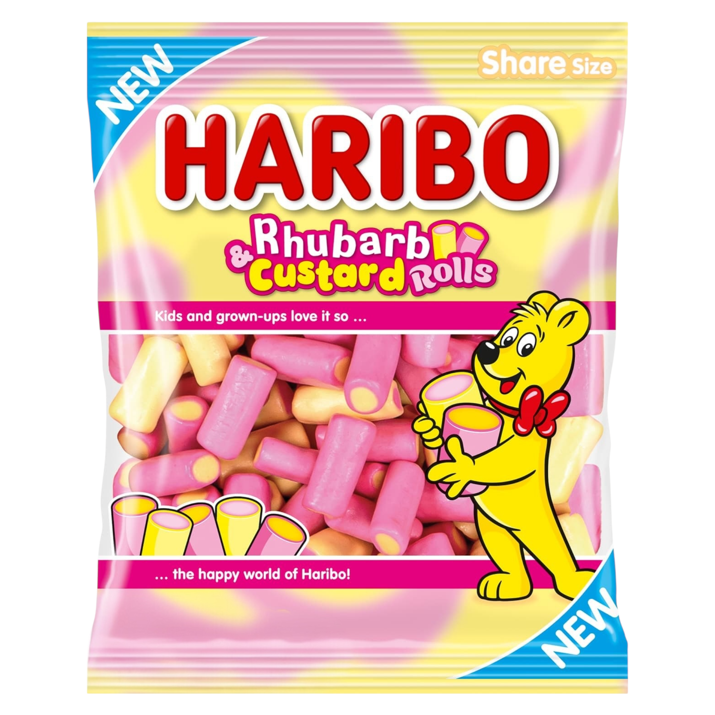Haribo Rhubarb Custard Rolls candy package with cartoon bear character on a white background
