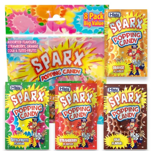 Sparx Popping Candy Mixed Flavours - Strawberry, Cola, Orange, Tutti - Frutti - 8 Packets of 5g - Fun and Exciting Popping Sensation - Great for Parties - Caribou Candy
