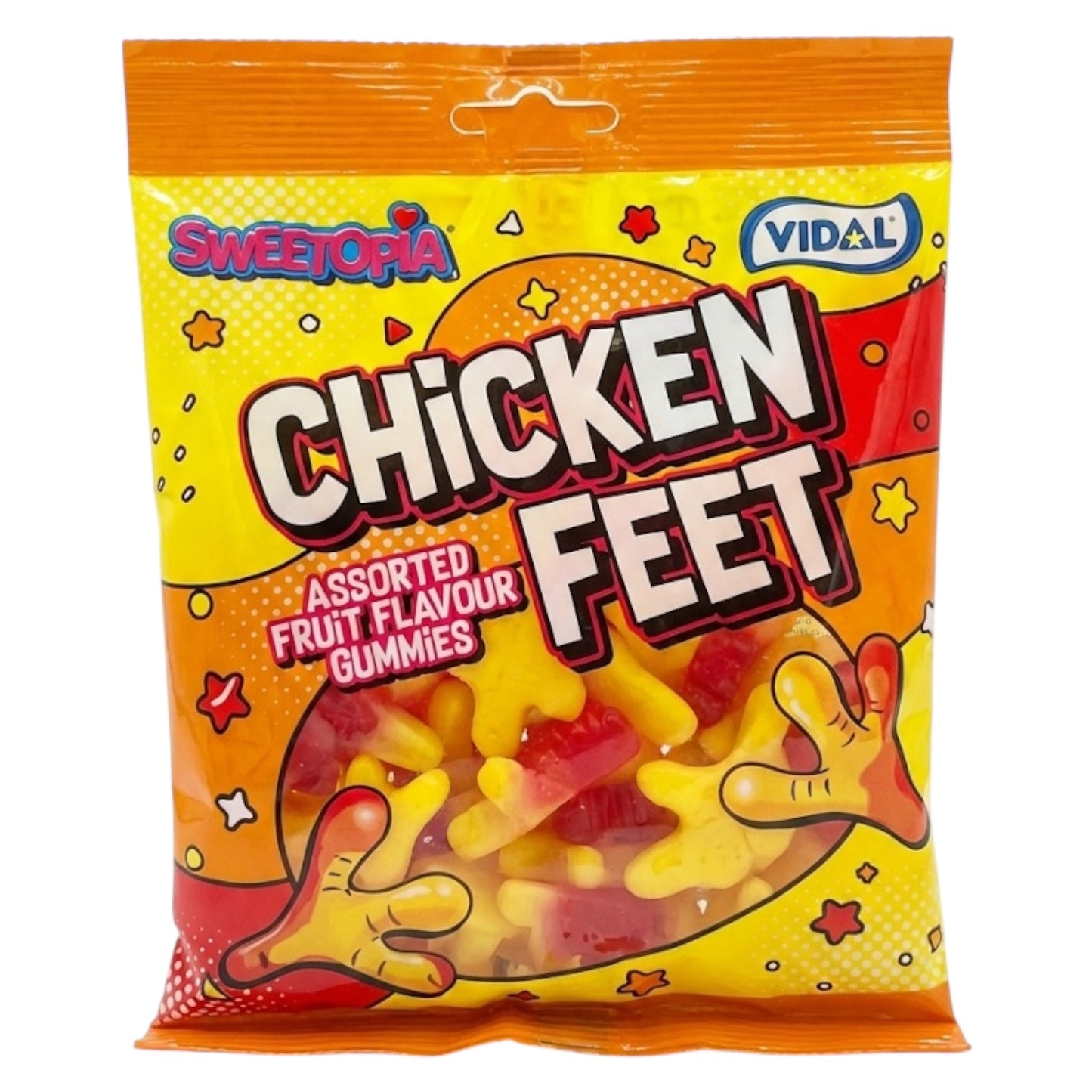 Packaging of Vidal Sweetopia Chicken Feet gummy candy on a white background