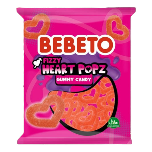 Bebeto Fizzy Heart Popz gummy candy package on a pink background