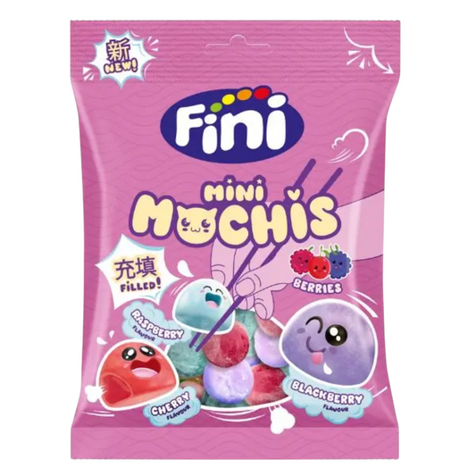 Fini mini Mochis candy package with colorful design on a pink background