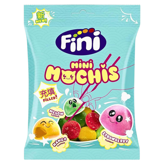 Fini mini mochis snack package with colorful design on a white background