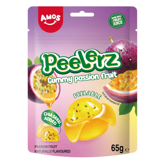 Packaging of Amos Peelerz Gummy Passion Fruit with colorful design on a white background