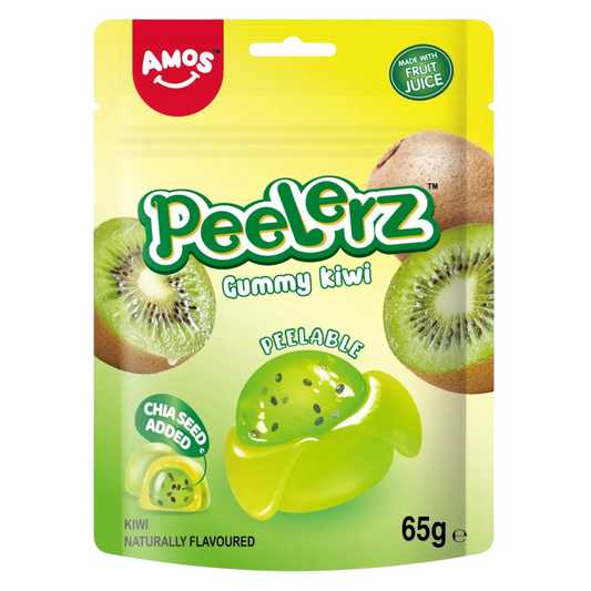 Packaging of Amos Peelerz Gummy Kiwi with green and yellow design