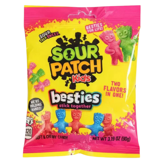 Sour Patch Kids candy package with colorful characters on a yellow background
