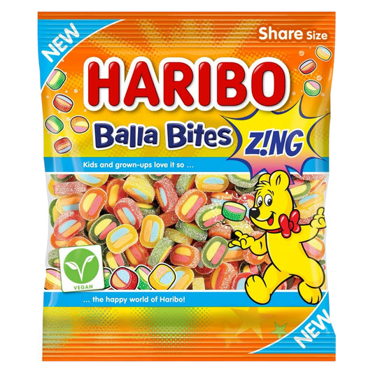 Haribo Balla Bites Z'ING candy package with colorful design and cartoon character.