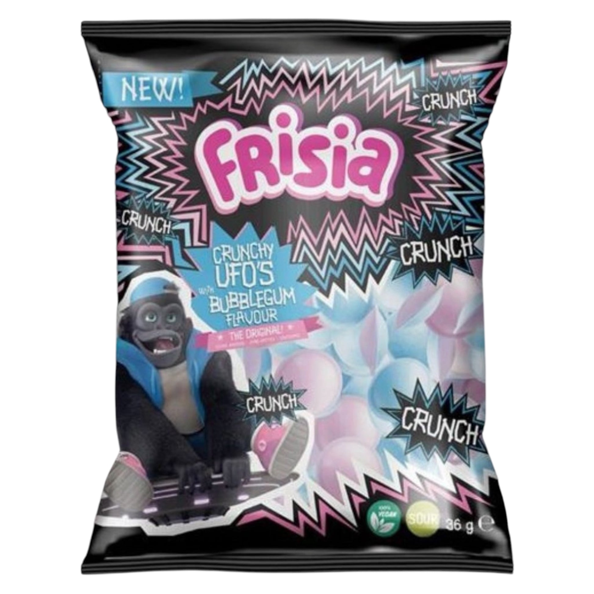 Frisia bubblegum UFO sherbet candy pack with a gorilla character on a white background