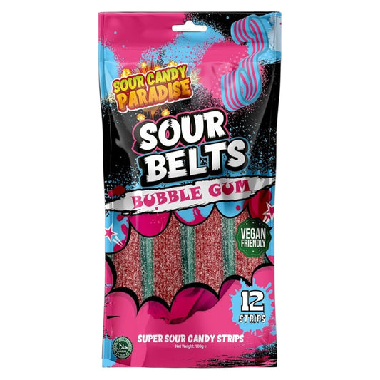 Packaging of Candy Paradise Sour Bubblegum Belts fizzy sour candy on a white background