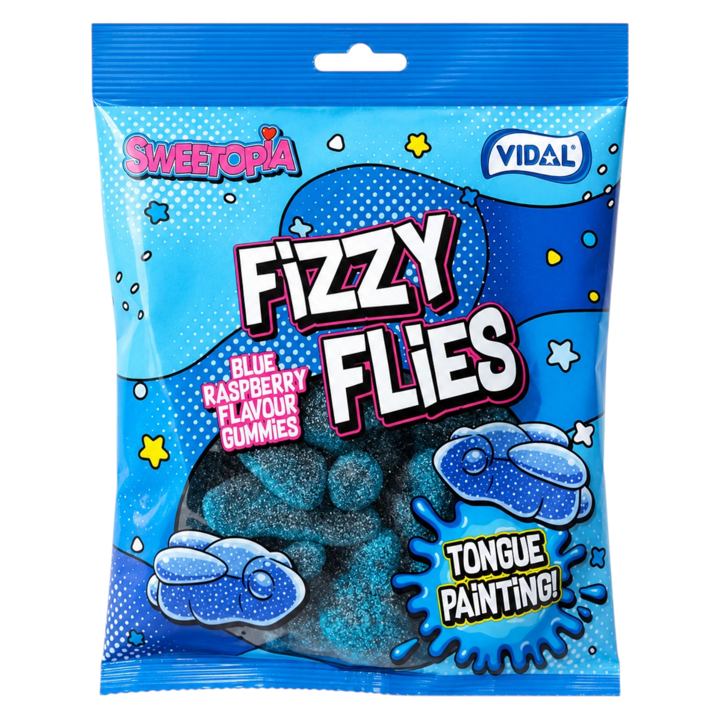 Vidal Sweetopia Fizzy Flies 140g bag - blue raspberry flavour fly-shaped gummies with a fizzy sugar coating