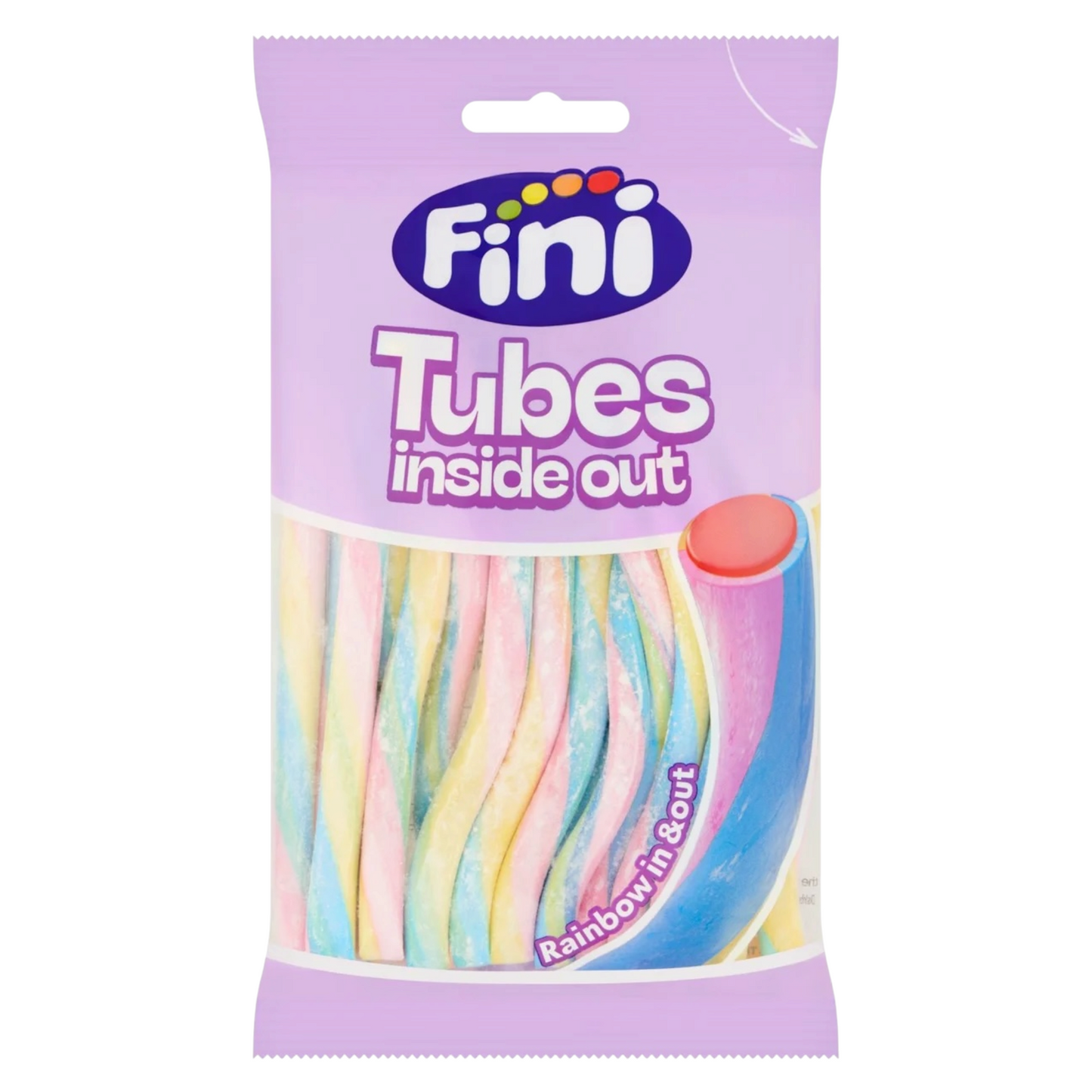 Fini Tubes Inside Out 160g bag - rainbow-centred candy tubes with a pastel outer shell
