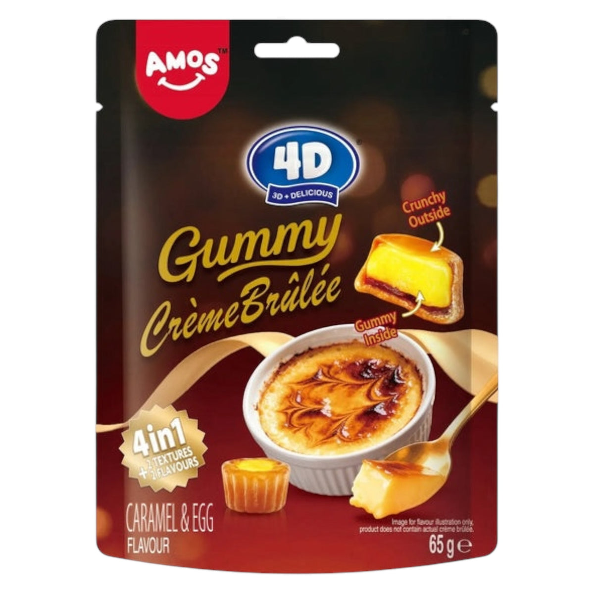 Amos 4D Gummy Crème Brûlée Crunchy Shell Gummy Sweets 65g pack front