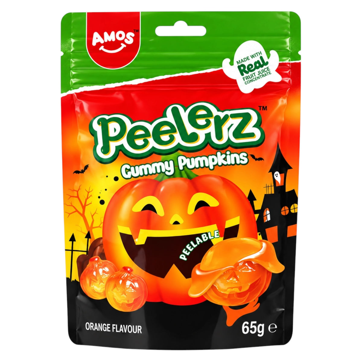 Amos Peelerz Gummy Pumpkins Orange Flavour 65g - jack-o'-lantern shaped peelable gummy sweets