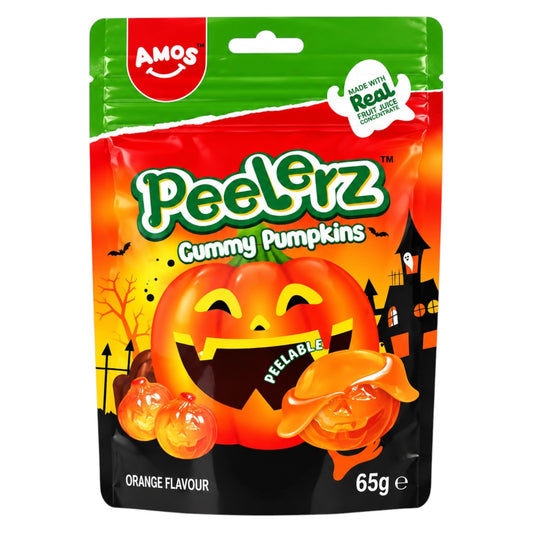 Amos Peelerz Gummy Pumpkins Orange Flavour 65g - jack-o'-lantern shaped peelable gummy sweets
