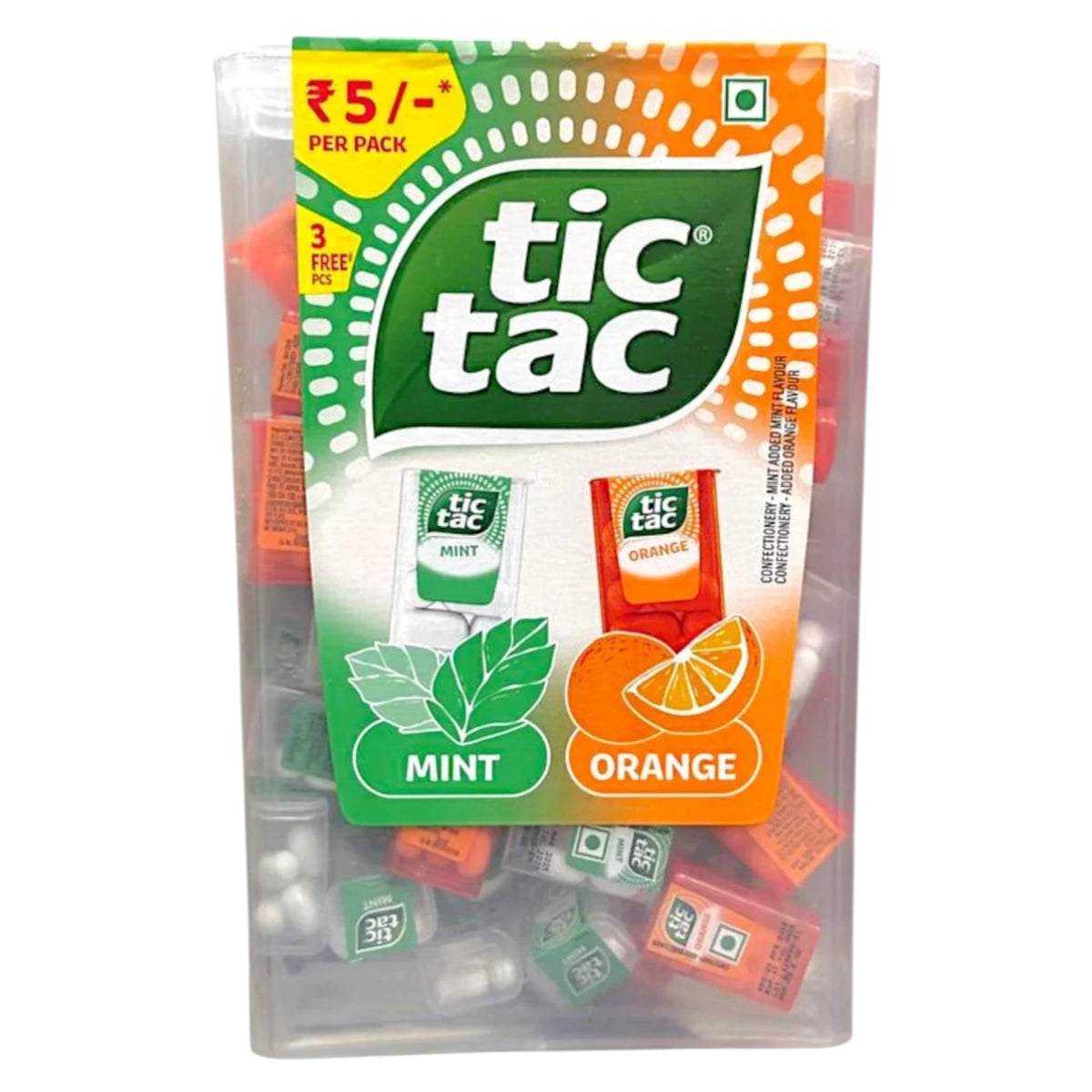 Tic Tac Mint & Orange Giant Import Pack 255g - close-up of the individual Mint and Orange mini Tic Tac dispensers