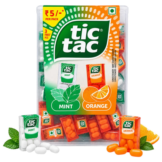 Tic Tac Mint & Orange Giant Import Pack 255g - front of the giant resealable jar showing 75 individual mini Tic Tac boxes