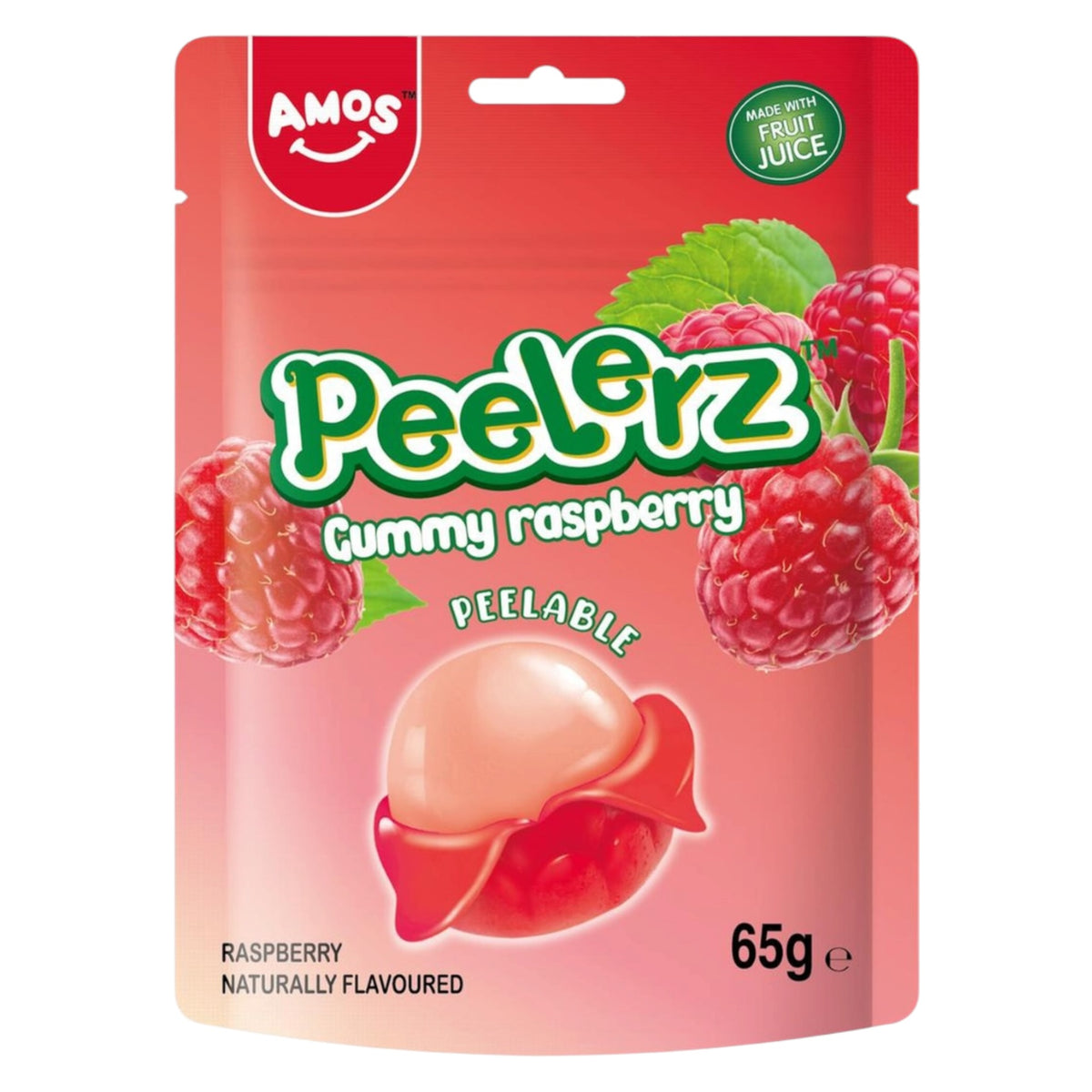 Amos Peelerz Gummy Raspberry 65g - front of peelable gummy sweet pack