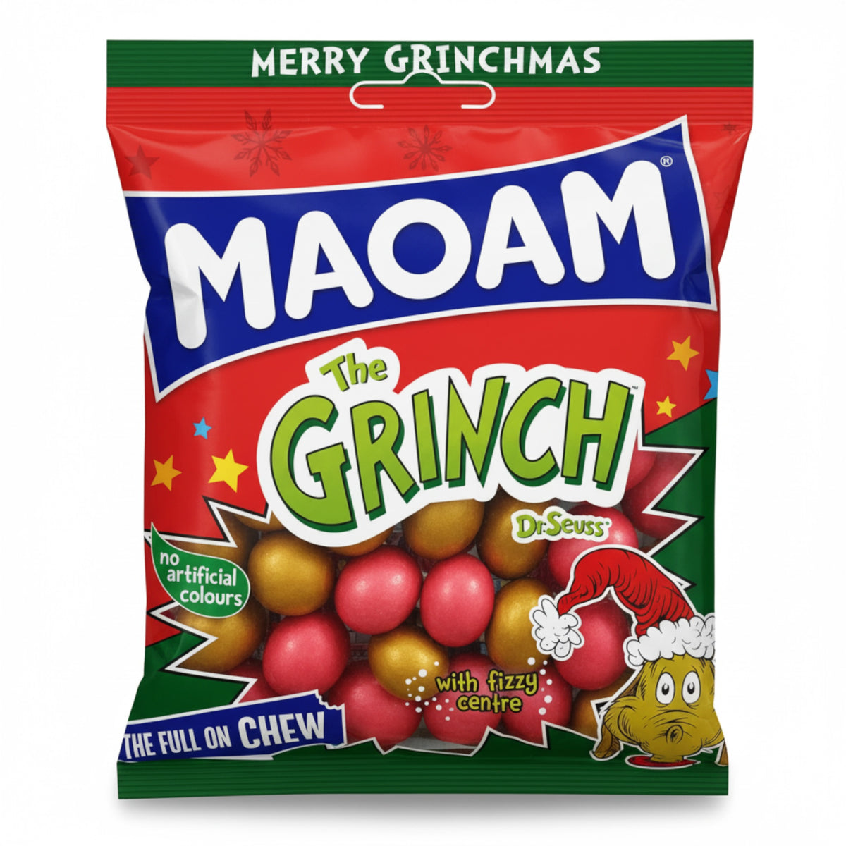 Maoam The Grinch Christmas Pinballs Max Edition 140g bag, cola and cherry flavours