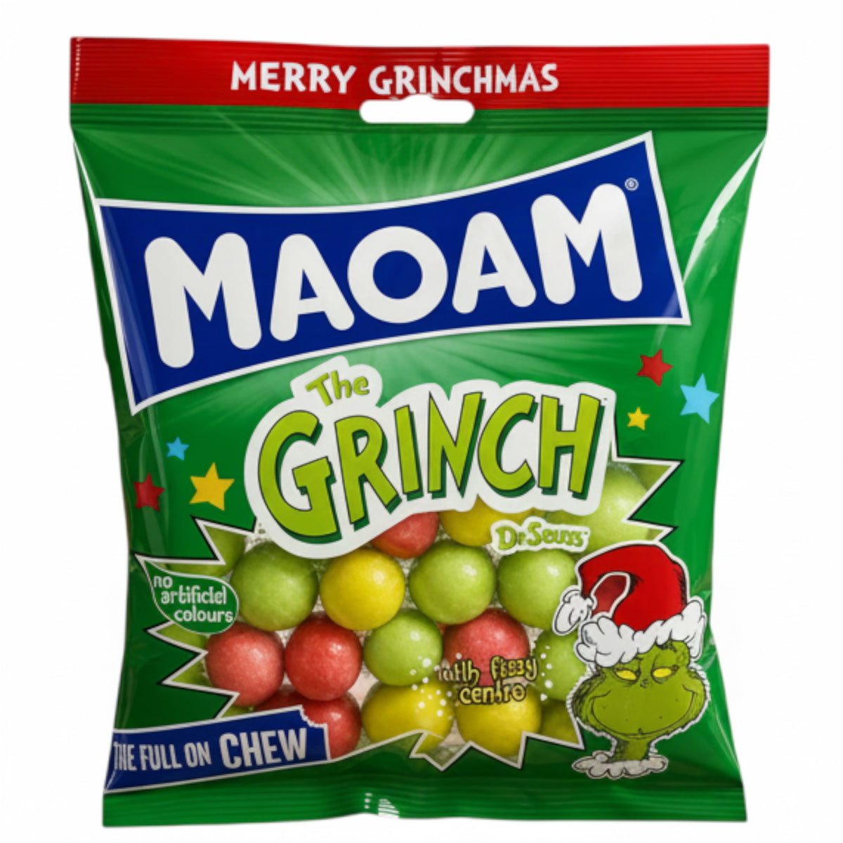 Maoam The Grinch Christmas Pinballs 140g bag, apple lime-grapefruit and cherry flavours
