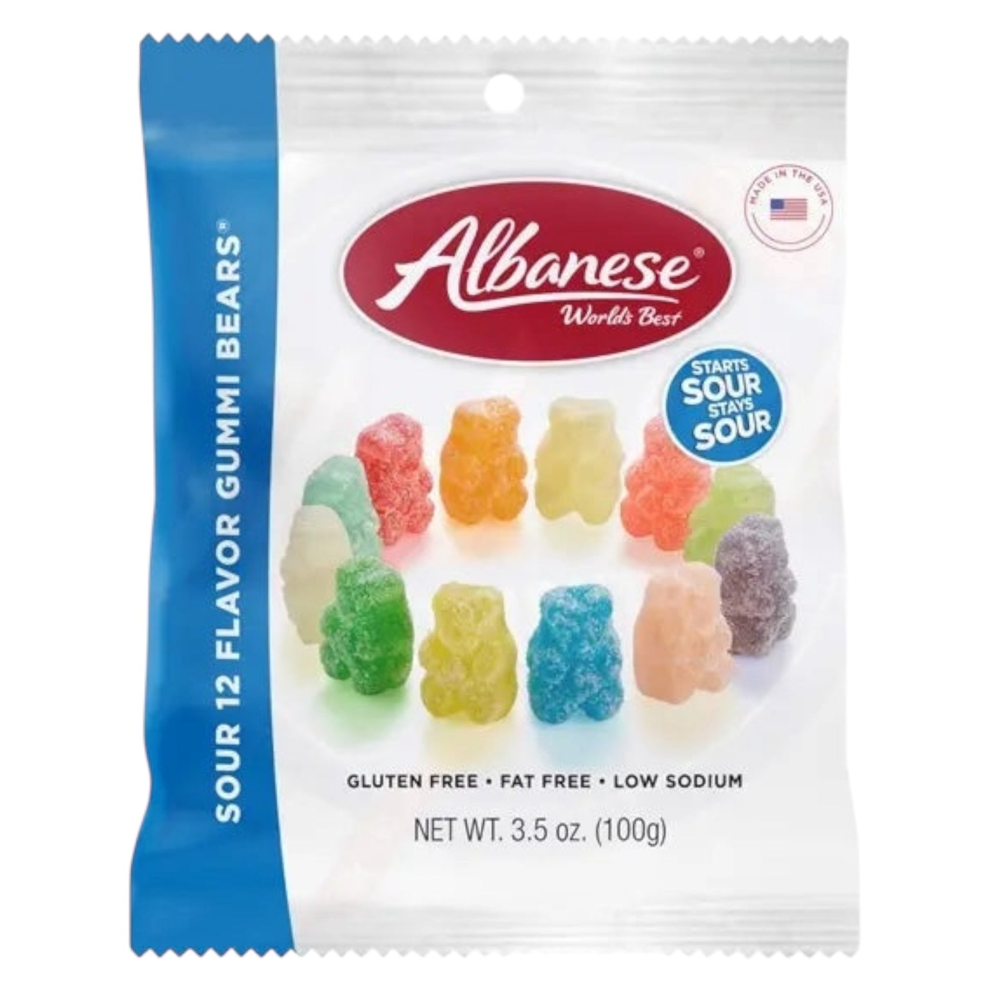 Albanese Sour 12 Flavor Gummi Bears package on a white background