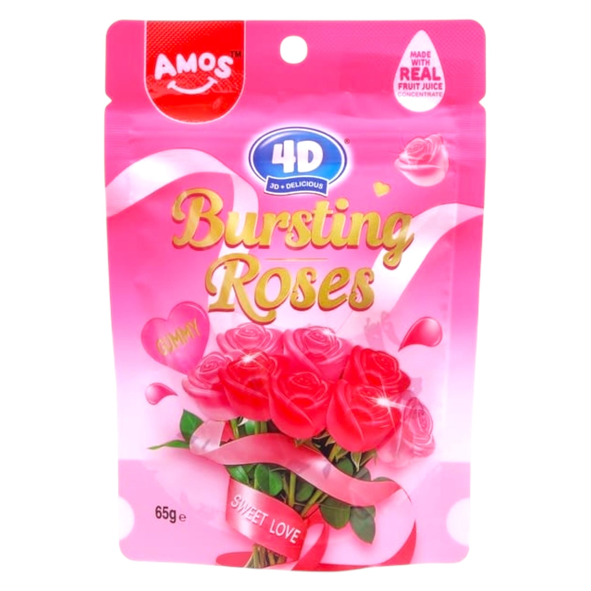Pink packaging of 'Bursting Roses' candy with AMOS and 4D branding.