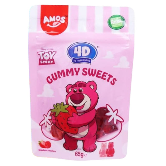 Pink package of 4D Gummy Sweets featuring lotso bear character and Amos branding.