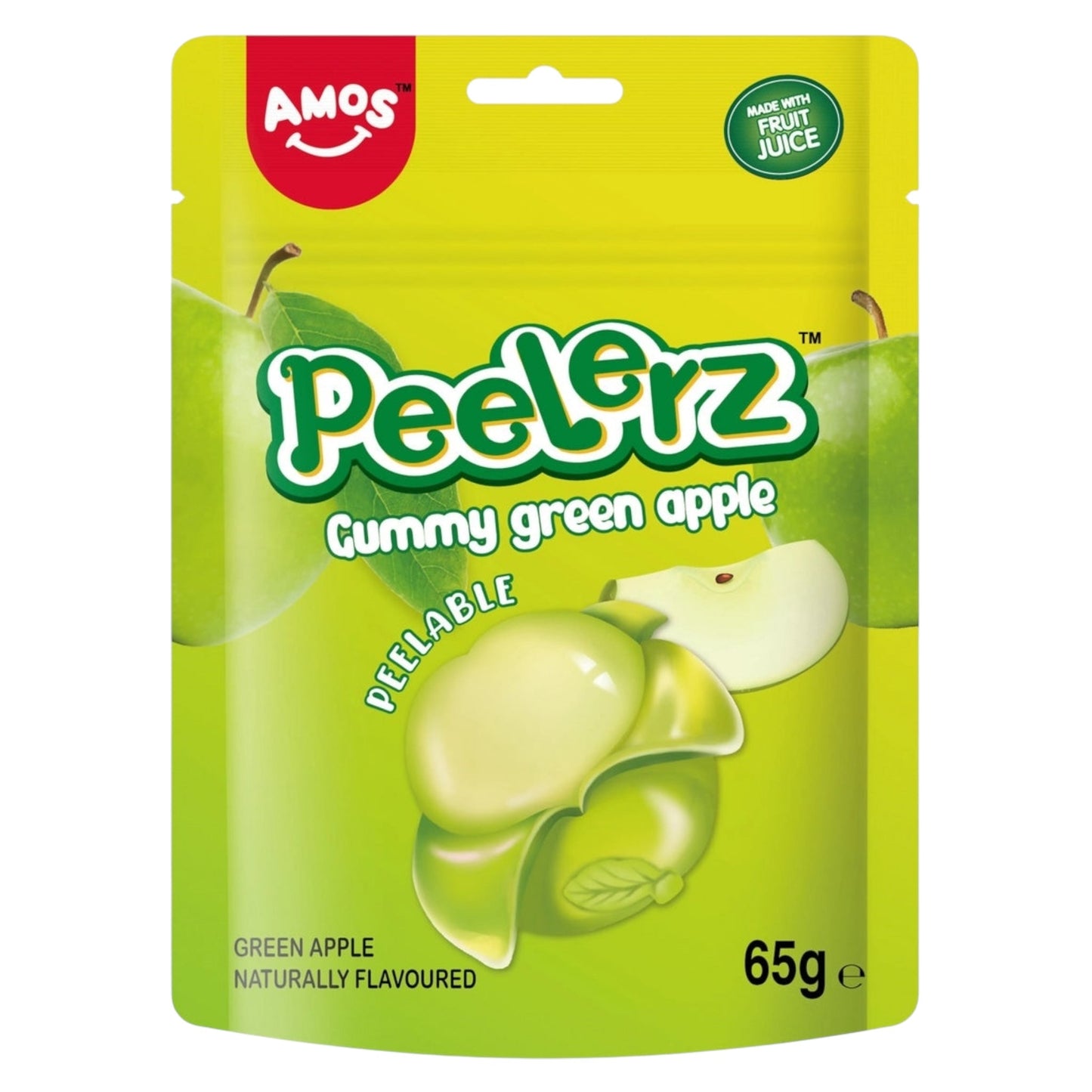 Packaging of Amos Peelerz Gummy Green Apple on a white background