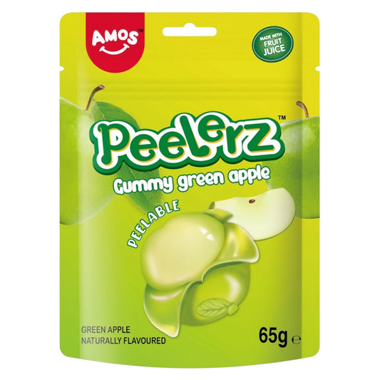 Packaging of Amos Peelerz Gummy Green Apple on a white background