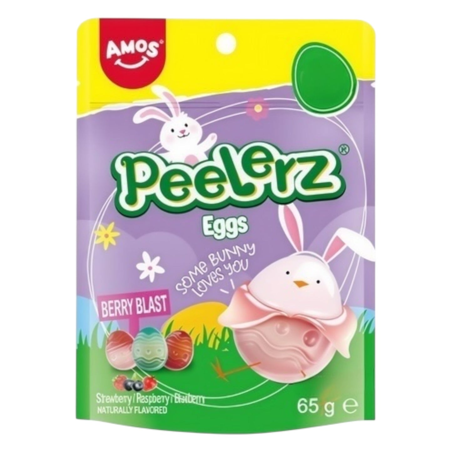 Packaging of Amos Peelerz Eggs with a purple and green design featuring cartoon eggs and bunnies.