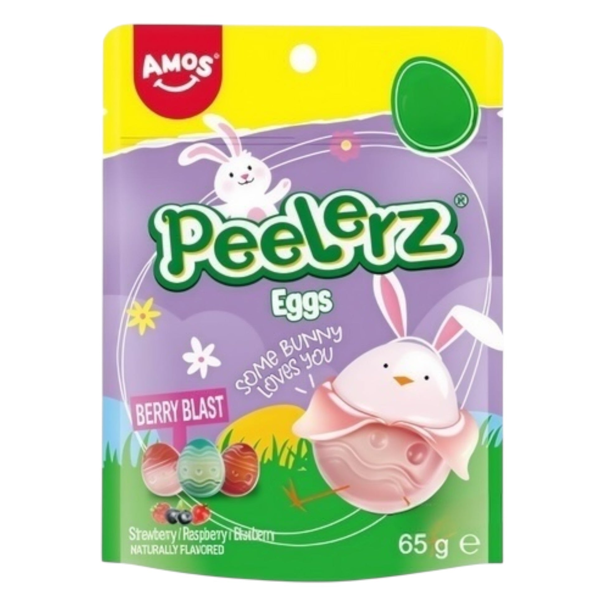 Packaging of Amos Peelerz Eggs with a purple and green design featuring cartoon eggs and bunnies.