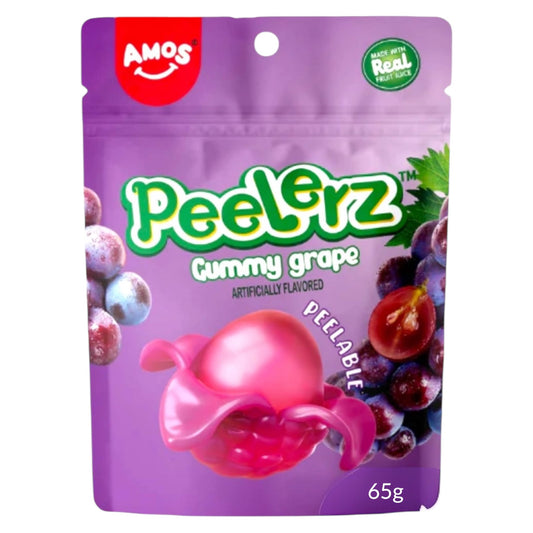 Purple package of Amos Peelerz Gummy Grape with a pink gummy candy and grapes on a white background