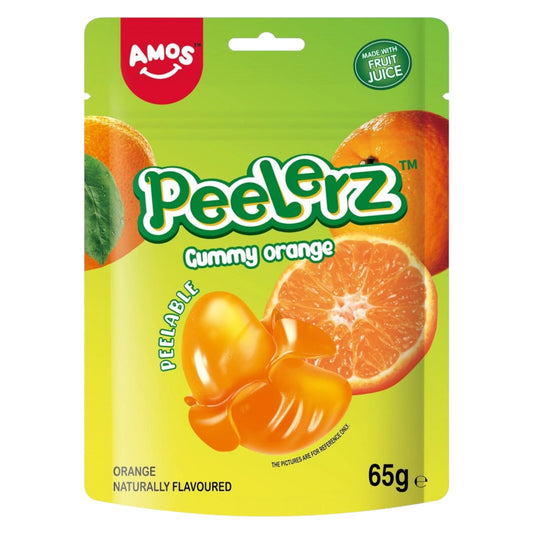 Packaging of Amos Peelerz Gummy Orange candy with green and yellow design.