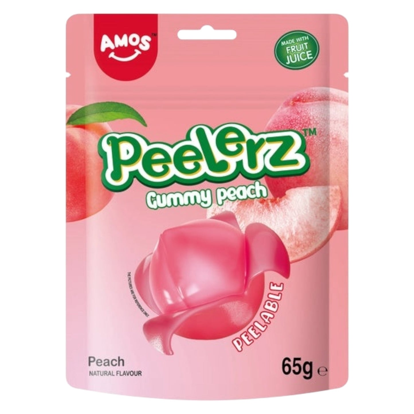 Pink package of Amos Peelerz Gummy Peach with a gummy peach illustration on a white background