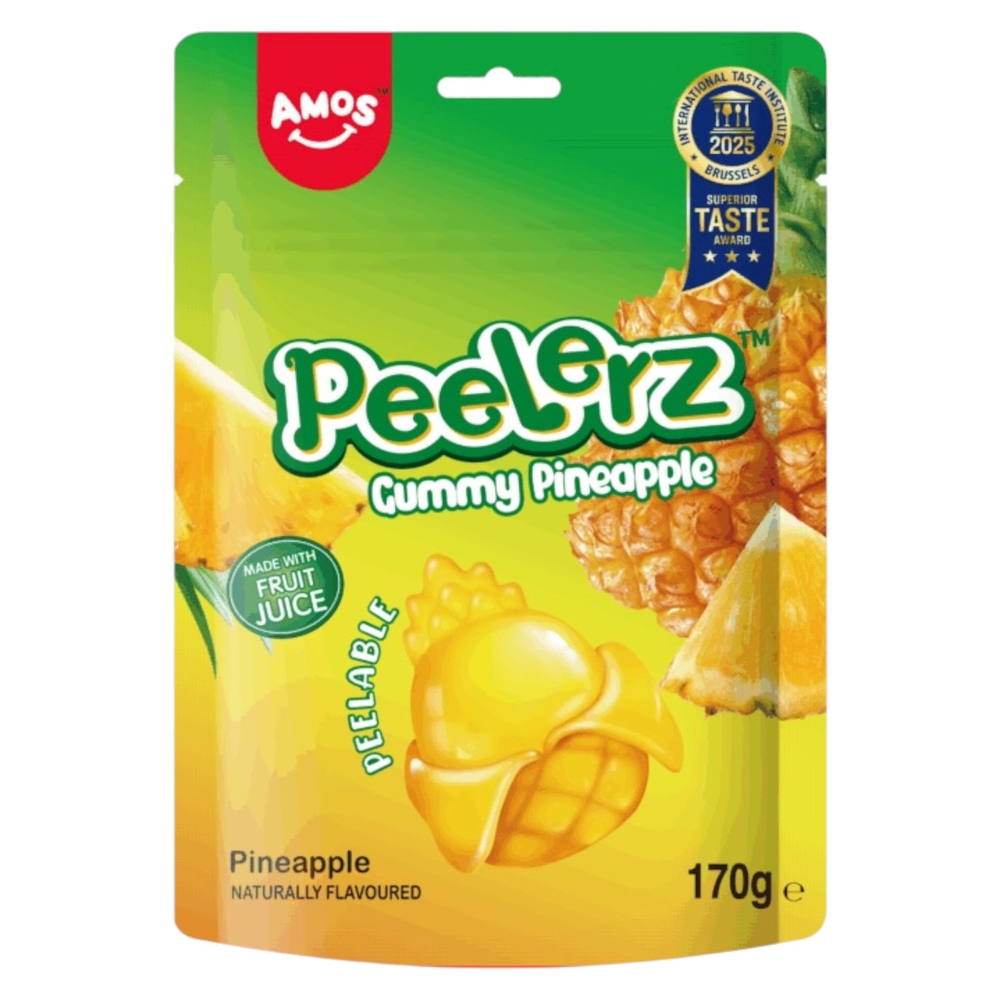 Packaging of Amos Peelerz Gummy Pineapple on a white background