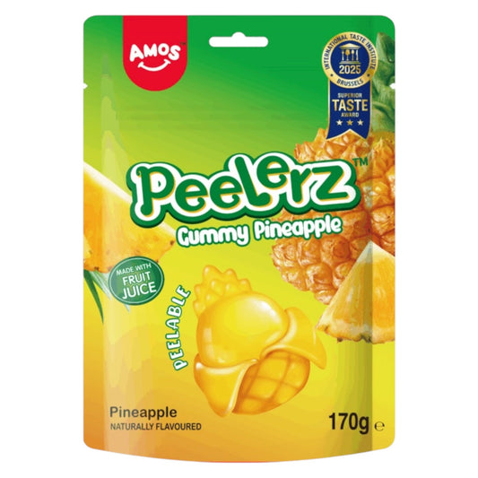 Packaging of Amos Peelerz Gummy Pineapple on a white background